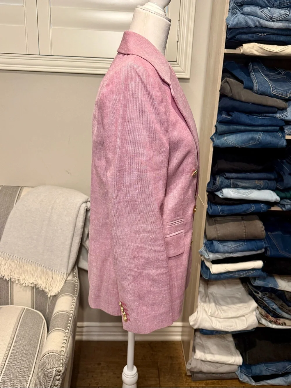 Double-Breasted Pink Linen Blend Blazer Jacket